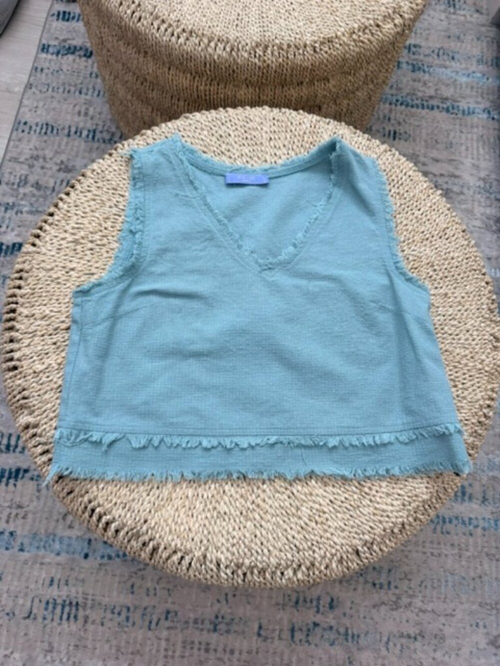 Adelaide Mint Green V Neck Tank Top with Raw Edges, Medium